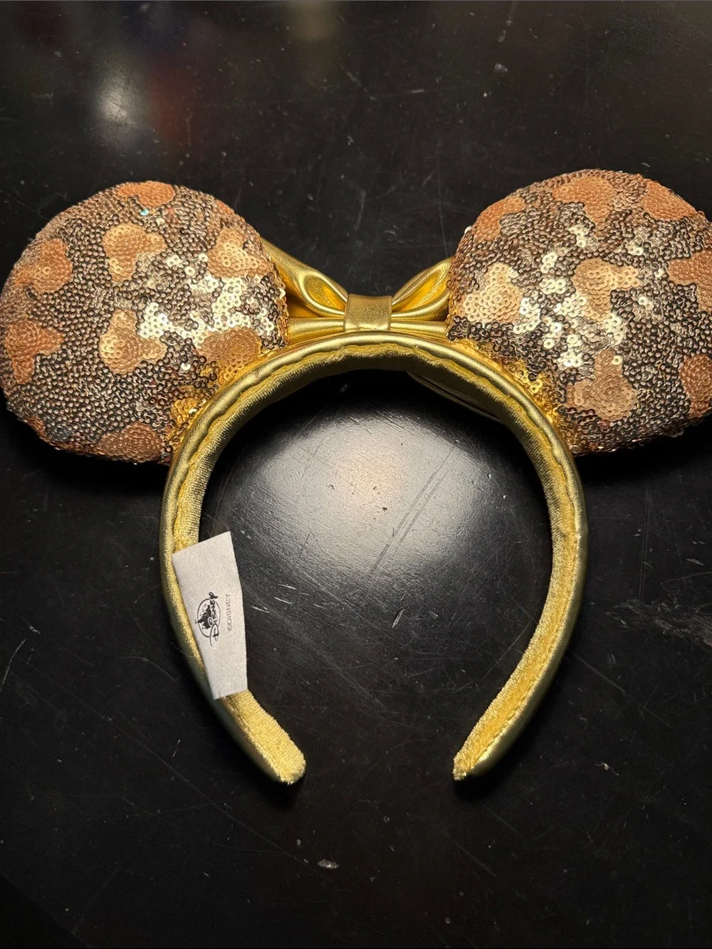 Disney Gold Sequin Minnie Ears Headband with Metallic Bow